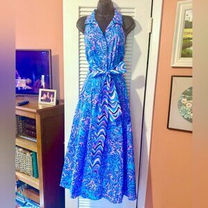 Lilly Pulitzer Chrisella stretch midi halter shirtdress with sash • Bermuda Blue